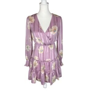 Allison & Kelly Purple‎ Floral Striped Tiered Mini Dress Size XS V-Neck Sheer